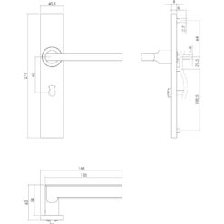 Intersteel deurklink L-hoek plat op rechthoekig schild toilet-/badkamersluiting 63 mm INOX geborsteld - Technische tekening