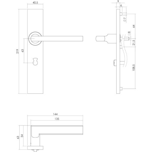 Intersteel deurklink L-hoek plat op rechthoekig schild toilet-/badkamersluiting 63 mm INOX geborsteld - Technische tekening