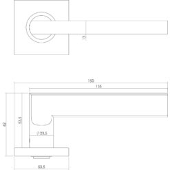 Intersteel deurklink L-hoek plat op vierkant rozet sleutelgat INOX geborsteld - Technische tekening