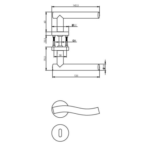 Intersteel deurklink Lange golf met rozet sleutelgat INOX geborsteld - Technische tekening