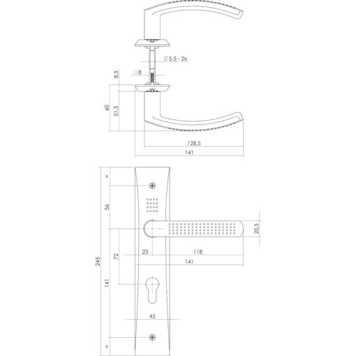 Intersteel deurklink Madox op schild profielcilindergat 72 mm chroom - Technische tekening
