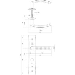 Intersteel deurklink Madox op schild profielcilindergat 72 mm nikkel mat - Technische tekening