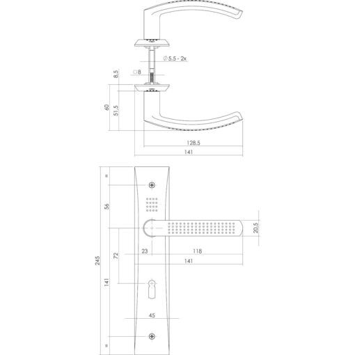 Intersteel deurklink Madox op schild sleutelgat 72 mm nikkel mat - Technische tekening