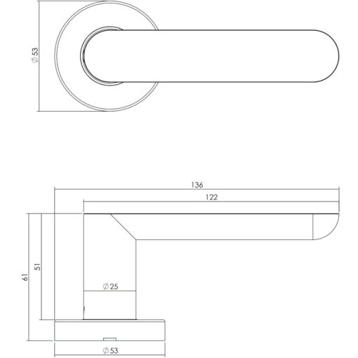 Intersteel deurklink Massief strak-elegant op rozet met ring met veer INOX geborsteld - Technische tekening
