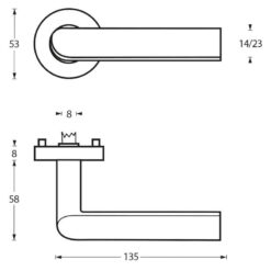 Intersteel deurklink Ovale L-hoek op rozet INOX geborsteld - Technische tekening