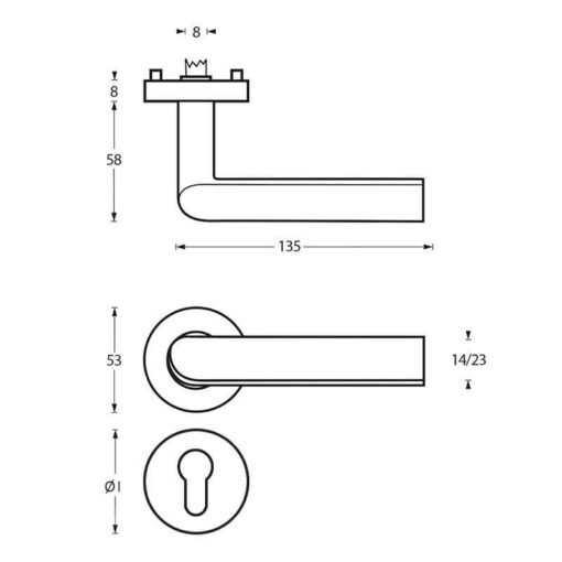 Intersteel deurklink Ovale L-hoek op rozet profielcilindergat INOX geborsteld - Technische tekening