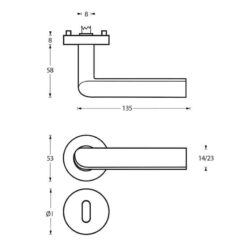 Intersteel deurklink Ovale L-hoek op rozet sleutelgat INOX geborsteld - Technische tekening