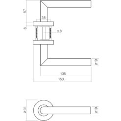 Intersteel deurklink Recht L-hoek op rozet EN1906/4 sleutelgat INOX geborsteld - Technische tekening