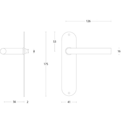 Intersteel deurklink Recht diameter 16 mm slank op schild blind INOX geborsteld - Technische tekening