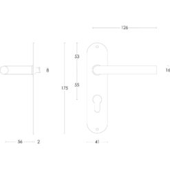 Intersteel deurklink Recht diameter 16 mm slank op schild profielcilindergat 55 mm INOX geborsteld - Technische tekening
