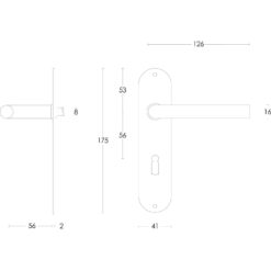 Intersteel deurklink Recht diameter 16 mm slank op schild sleutelgat 56 mm INOX geborsteld - Technische tekening