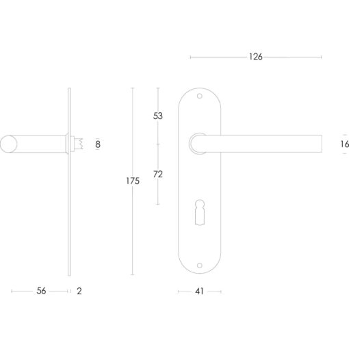 Intersteel deurklink Recht diameter 16 mm slank op schild sleutelgat 72 mm INOX geborsteld - Technische tekening