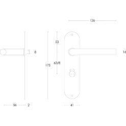Intersteel deurklink Recht diameter 16 mm slank op schild toilet-/badkamersluiting 63 mm INOX geborsteld - Technische tekening