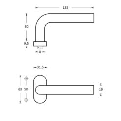 Intersteel deurklink Recht op ovaal rozet INOX geborsteld - Technische tekening