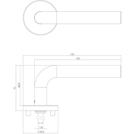 Intersteel deurklink Recht op rozet EN1906/4 INOX geborsteld - Technische tekening