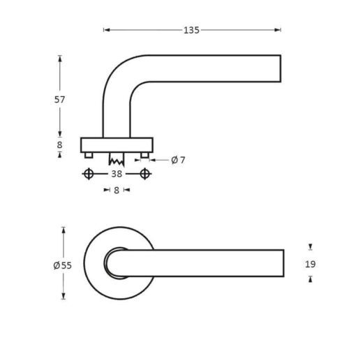 Intersteel deurklink Recht op rozet INOX geborsteld - Technische tekening