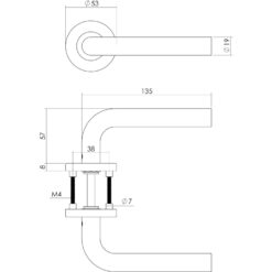 Intersteel deurklink Recht op rozet met 7 mm nok INOX geborsteld - Technische tekening