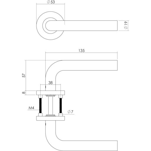 Intersteel deurklink Recht op rozet met 7 mm nok profielcilindergat INOX geborsteld - Technische tekening
