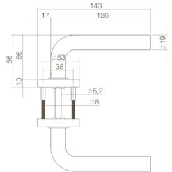 Intersteel deurklink Recht op rozet met ring met veer INOX geborsteld - Technische tekening