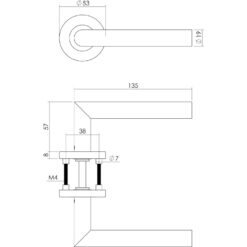 Intersteel deurklink Rechte L-hoek op rozet met 7 mm nok INOX geborsteld - Technische tekening