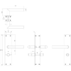 Intersteel deurklink Rhenen op schild met sluiting INOX geborsteld - Technische tekening