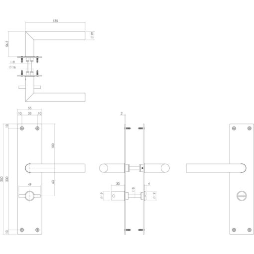 Intersteel deurklink Rhenen op schild met sluiting mat zwart - Technische tekening