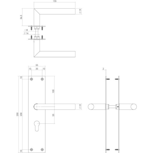 Intersteel deurklink Rhenen op schild profielcilinder 55 mm mat zwart - Technische tekening