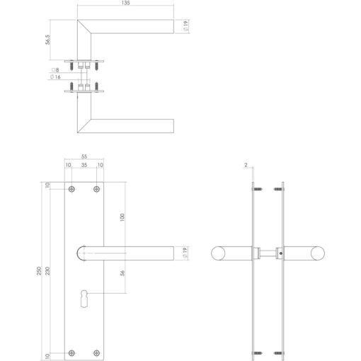 Intersteel deurklink Rhenen op schild sleutelgat 56 mm INOX geborsteld - Technische tekening