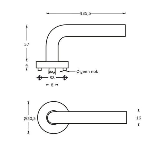Intersteel deurklink Rond diameter 16 mm op rozet INOX geborsteld - Technische tekening
