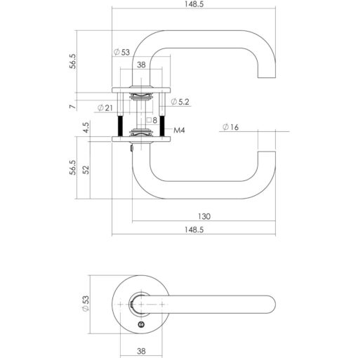 Intersteel deurklink Rond diameter 16 mm slank op rozet INOX geborsteld - Technische tekening
