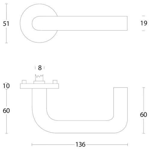 Intersteel deurklink Rond met rozet INOX geborsteld - Technische tekening