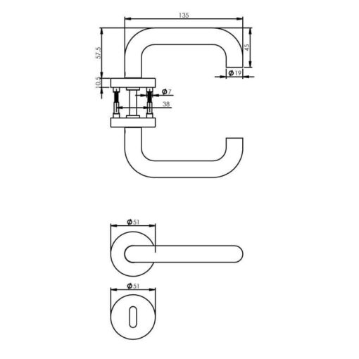 Intersteel deurklink Rond met rozet sleutelgat INOX geborsteld - Technische tekening