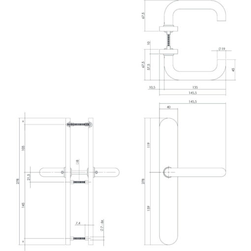Intersteel deurklink Rond op XL schild blind INOX geborsteld - Technische tekening