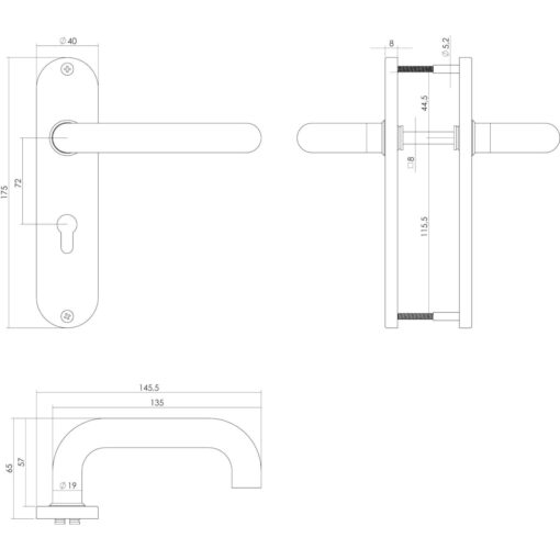 Intersteel deurklink Rond op kortschild profielcilindergat 72 mm INOX geborsteld - Technische tekening