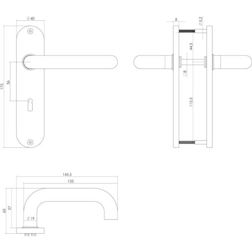 Intersteel deurklink Rond op kortschild sleutelgat 56 mm INOX geborsteld - Technische tekening