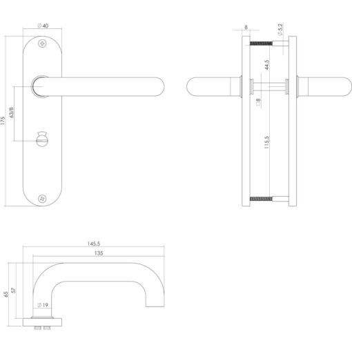 Intersteel deurklink Rond op kortschild toilet-/badkamersluiting 63 mm links INOX geborsteld - Technische tekening