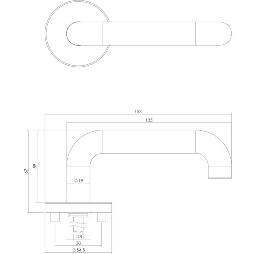 Intersteel deurklink Rond op rozet EN1906/4 INOX geborsteld - Technische tekening