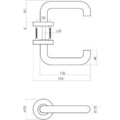 Intersteel deurklink Rond op rozet EN1906/4 sleutelgat INOX geborsteld - Technische tekening