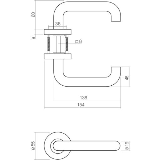 Intersteel deurklink Rond op rozet EN1906/4 sleutelgat INOX geborsteld - Technische tekening