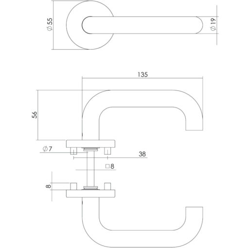 Intersteel deurklink Rond op rozet INOX geborsteld - Technische tekening