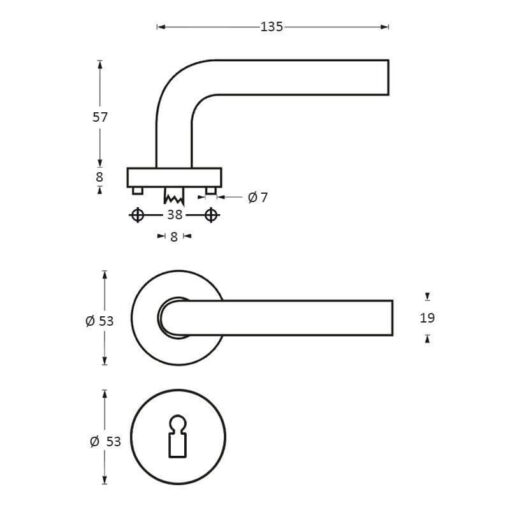 Intersteel deurklink Rond op rozet met 7 mm nok sleutelgat INOX geborsteld - Technische tekening