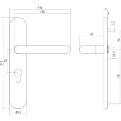 Intersteel deurklink Rond op schild profielcilindergat 72 mm INOX geborsteld - Technische tekening