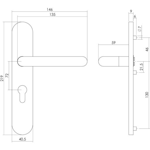 Intersteel deurklink Rond op schild profielcilindergat 72 mm INOX geborsteld - Technische tekening