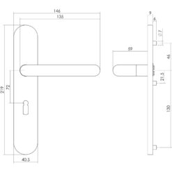 Intersteel deurklink Rond op schild sleutelgat 72 mm INOX geborsteld - Technische tekening