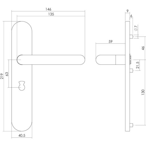 Intersteel deurklink Rond op schild toilet-/badkamersluiting 63 mm INOX geborsteld - Technische tekening