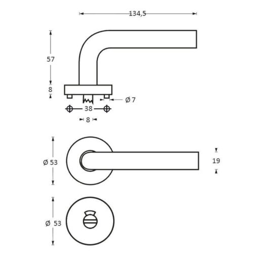 Intersteel deurklink Rond rozet met 7 mm nok toilet-/badkamersluiting INOX geborsteld - Technische tekening