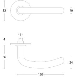 Intersteel deurklink Sabel diameter 16 mm slank op rozet INOX geborsteld - Technische tekening