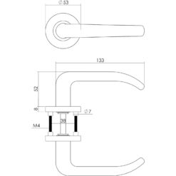 Intersteel deurklink Sabel op rozet met 7 mm nok INOX geborsteld - Technische tekening