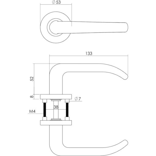 Intersteel deurklink Sabel op rozet met 7 mm nok sleutelgat INOX geborsteld - Technische tekening