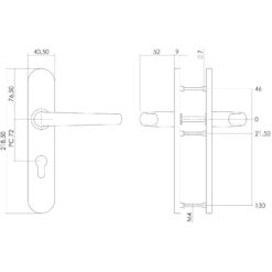 Intersteel deurklink Sabel op schild profielcilindergat 72 mm INOX geborsteld - Technische tekening